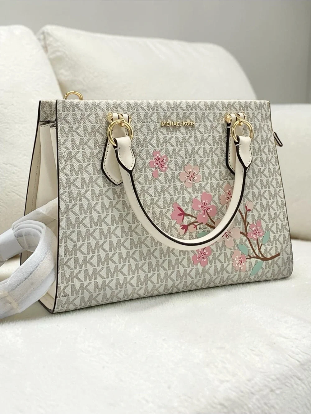Michael Kors Marilyn medium LigCream Signature Satchel with Pink Floral Accents